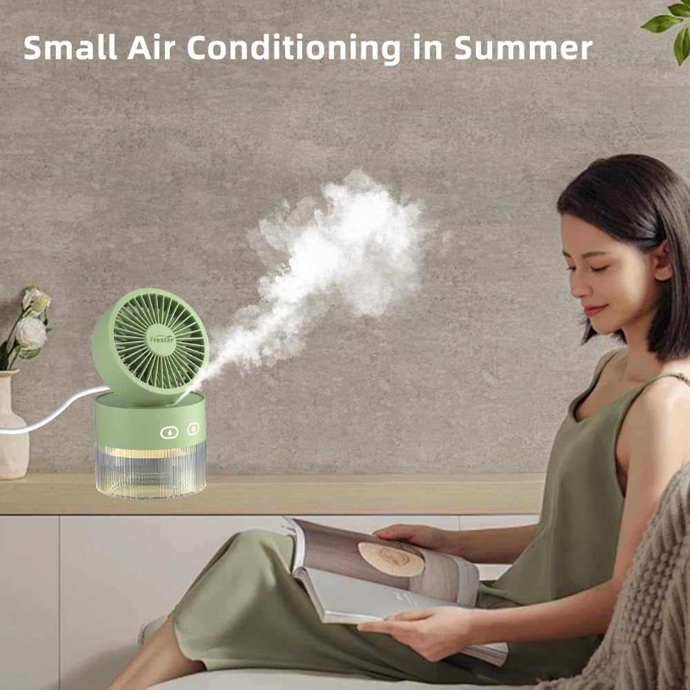 Personal Cooling Fan and Small Air Humidifier 350Ml with LED Night Light, Desktop USB Charging Humidifier and Fan 3 in 1 for Office and Small Room, No Battery (Green)