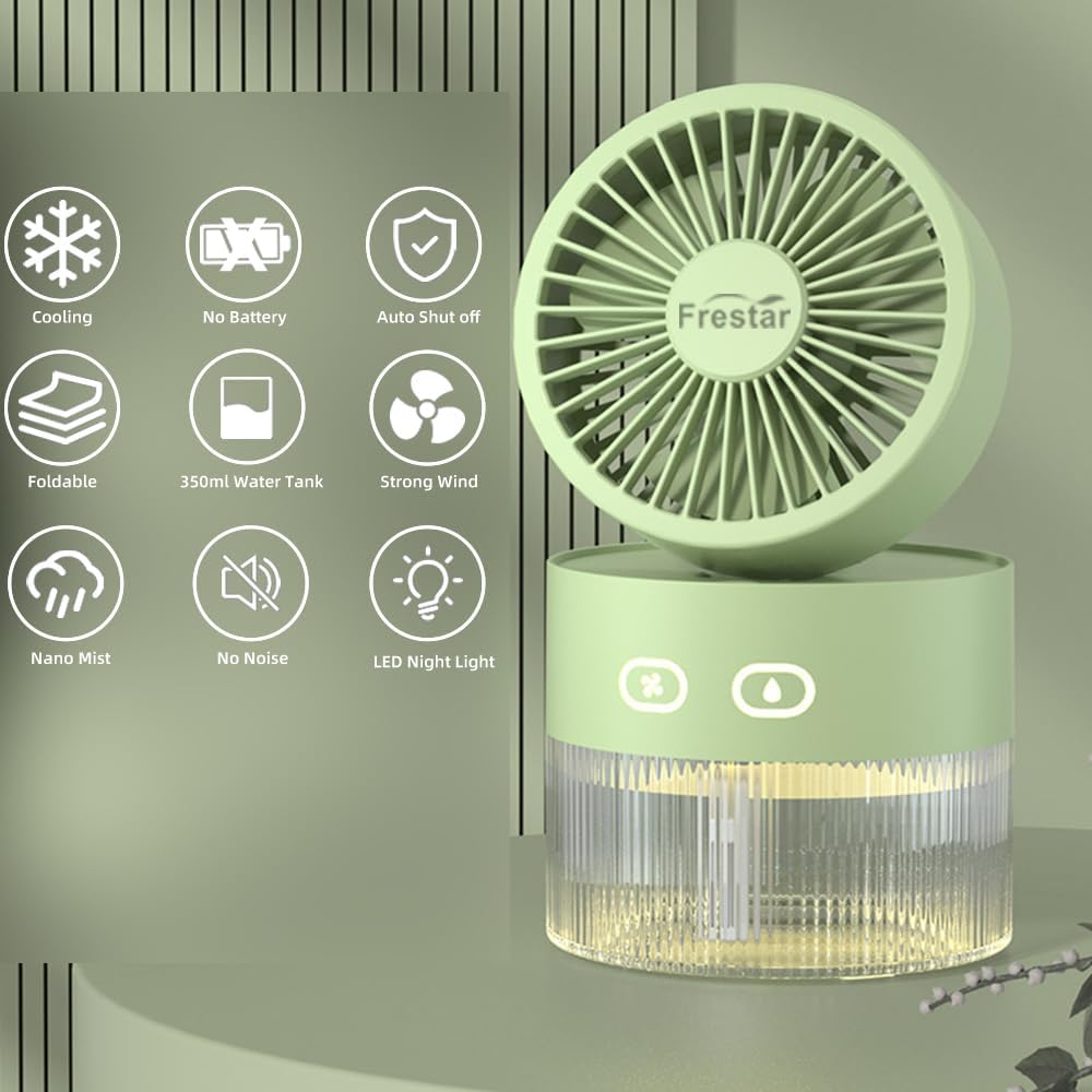 Personal Cooling Fan and Small Air Humidifier 350Ml with LED Night Light, Desktop USB Charging Humidifier and Fan 3 in 1 for Office and Small Room, No Battery (Green)