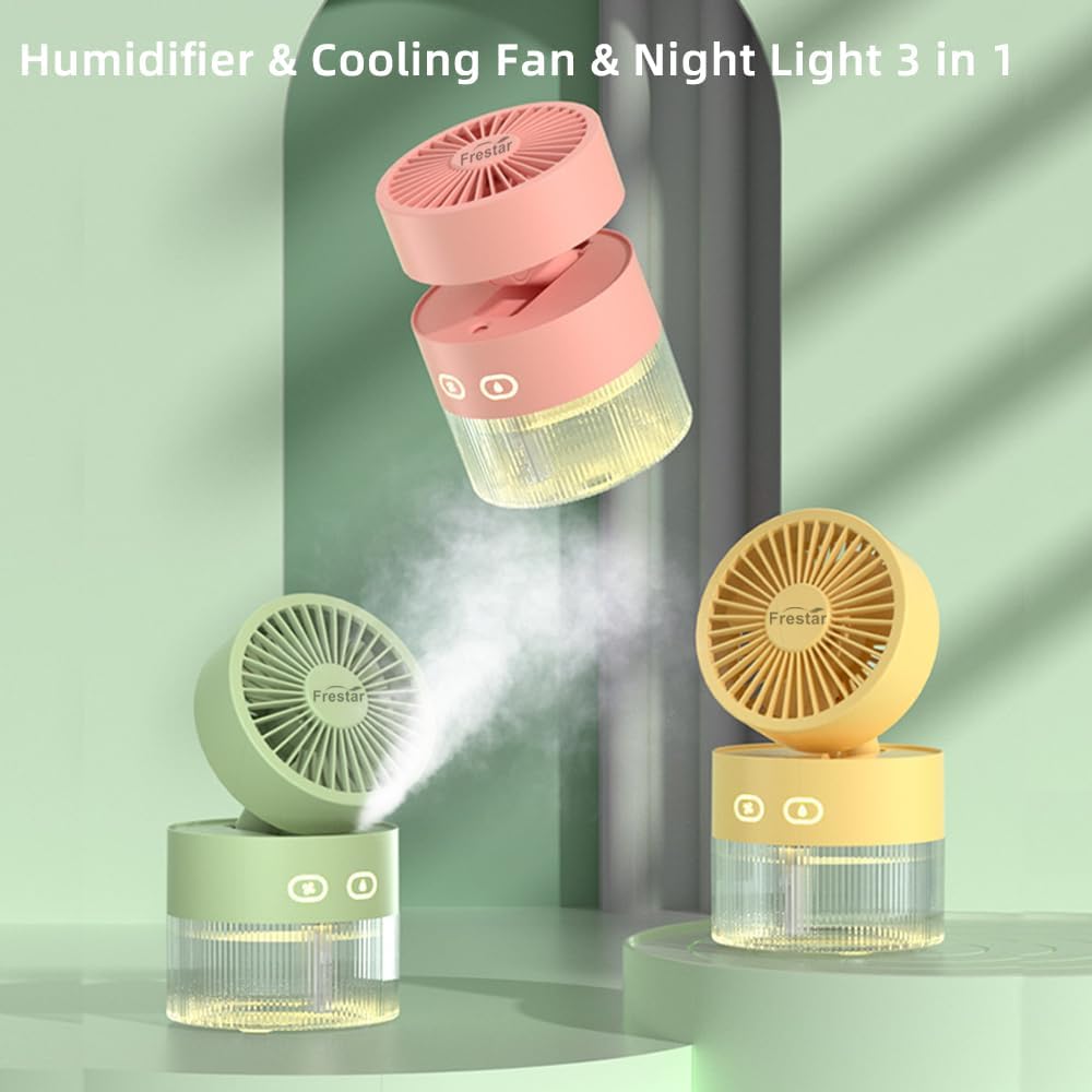 Personal Cooling Fan and Small Air Humidifier 350Ml with LED Night Light, Desktop USB Charging Humidifier and Fan 3 in 1 for Office and Small Room, No Battery (Green)