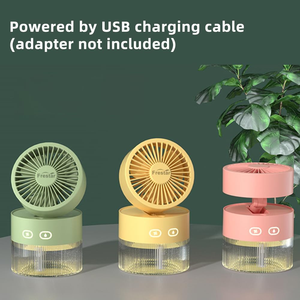 Personal Cooling Fan and Small Air Humidifier 350Ml with LED Night Light, Desktop USB Charging Humidifier and Fan 3 in 1 for Office and Small Room, No Battery (Green)