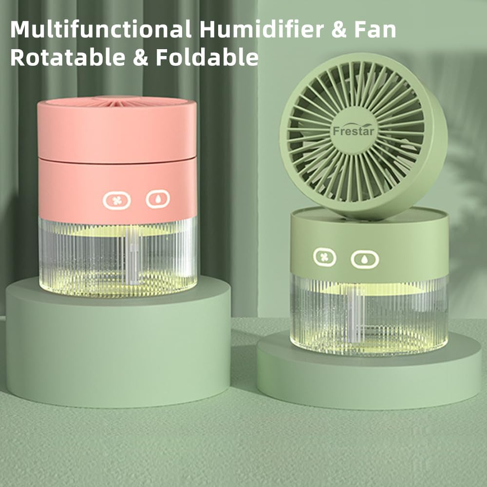 Personal Cooling Fan and Small Air Humidifier 350Ml with LED Night Light, Desktop USB Charging Humidifier and Fan 3 in 1 for Office and Small Room, No Battery (Green)