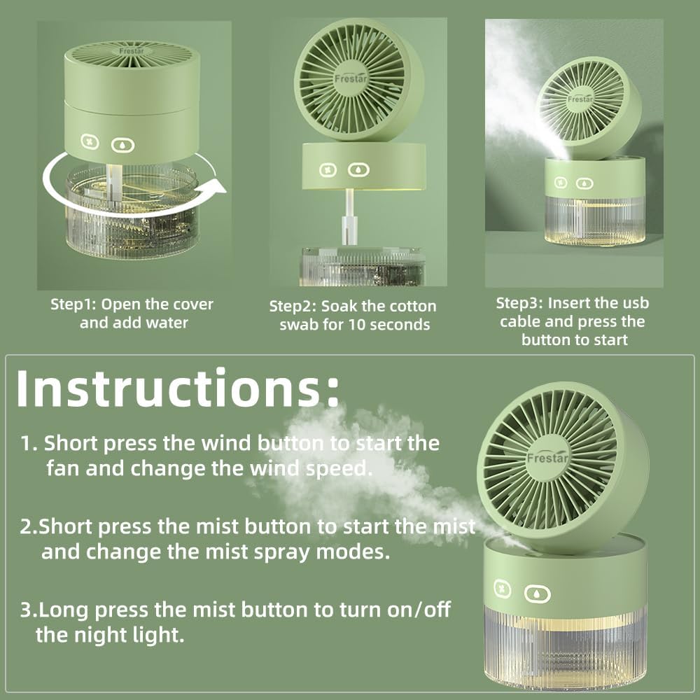 Personal Cooling Fan and Small Air Humidifier 350Ml with LED Night Light, Desktop USB Charging Humidifier and Fan 3 in 1 for Office and Small Room, No Battery (Green)