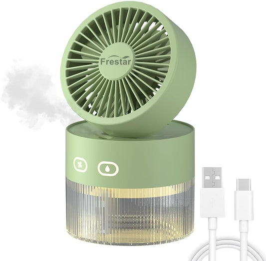 Personal Cooling Fan and Small Air Humidifier 350Ml with LED Night Light, Desktop USB Charging Humidifier and Fan 3 in 1 for Office and Small Room, No Battery (Green)